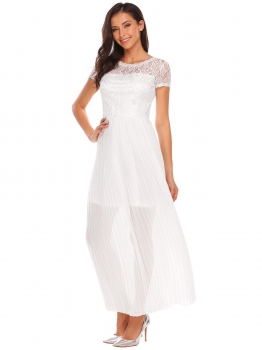 

White V Back Lace Patchwork Pleated Maxi Dress, Multicolor