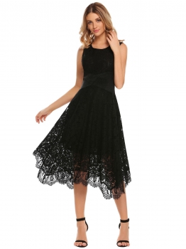 

Black O-Neck Sleeveless Waist Patchwork Lace Dress, Multicolor
