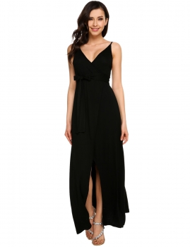 

Black Solid Spaghetti Strap Split Maxi Belted Dress, Multicolor