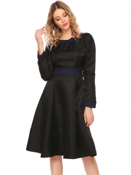 

Black Vintage Bow Long Sleeve Jacquard Patchwork Midi Swing Party Dress, Multicolor