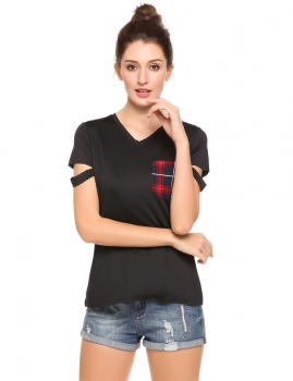 

Black Plaid Pocket Cut Out Short Sleeve Slim Pullover T-Shirts, Multicolor