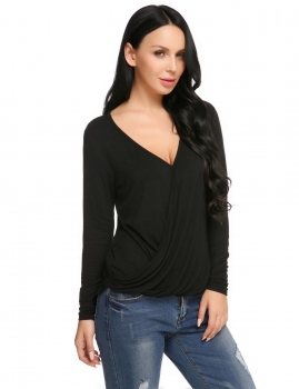 

Black Solid Long Sleeve V-neck Asymmetric Hem Loose Top, Multicolor