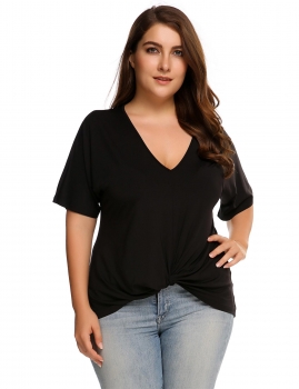 

Black Plus Sizes Half Sleeve Knotted Drape Solid T-Shirt, Multicolor