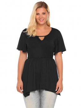 

Black Plus Sizes Casual Keyhole Short Sleeve Asymmetrical Tops, Multicolor