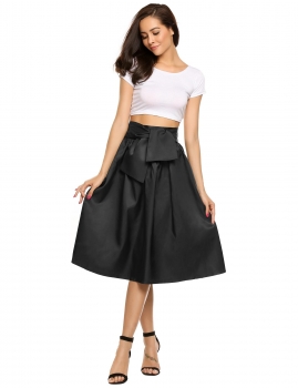 

Black High Waist Solid Calf Length Pleated Skirt, Multicolor