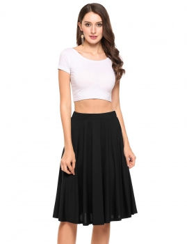 

Black Solid Elastic High Waist Pleated A Line Skirt, Multicolor