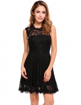 

Black Floral Lace Hollow Out Backless A-Line Pleated Hem Dress, Multicolor