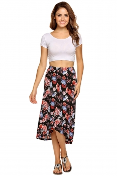 

Black Elastic Waist Floral Print High Low Hem Package Hip Skirt, Multicolor