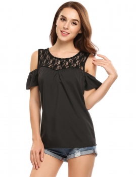 

Black Floral Lace Patchwork Short Sleeve Cold Shoulder Tops, Multicolor