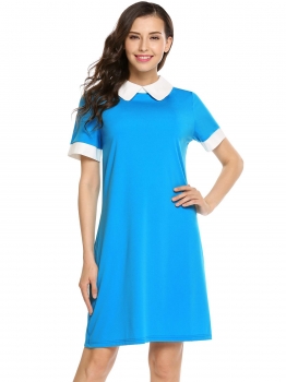 

Blue Short Sleeve Patchwork Contrast Color Dress, Multicolor