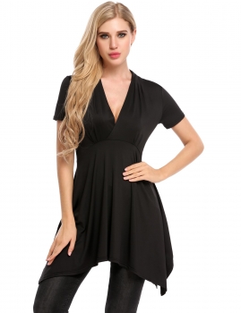 

Black V-Neck Short Sleeve A-Line Pleated Asymmetrical Hem Tops, Multicolor