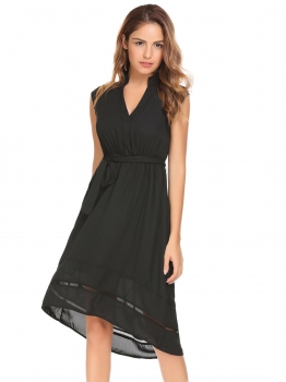 

Black V-Neck Sleeveless Solid Elastic Waist Asymmetrical Hem Dress, Multicolor