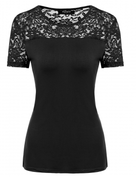 

Black Hollow Lace Patchwork Slim Fit O-Neck Short Sleeve T-Shirt, Multicolor