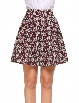 

Dark red Printed High Waist A-Line Pleated Hem Skirt with Lining, Multicolor