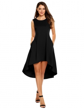 

Black Pockets Side Loose High Low Asymmetrical Hem Dress, Multicolor