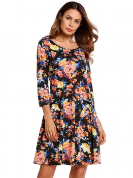 

Black O-Neck 3"4 Sleeve Floral Dress with Pockets, Multicolor