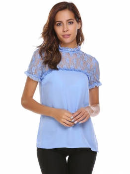 

Light blue O-Neck Short Sleeve Lace Patchwork Chiffon Blouse, Multicolor