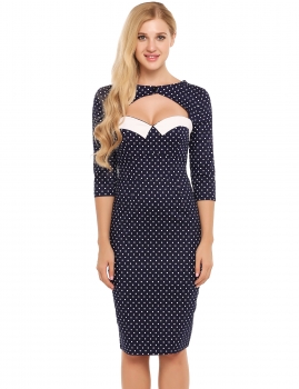 

Blue Vintage Style Cut Out 3"4 Sleeve Polka Dot Bodycon Pencil Dress, Multicolor
