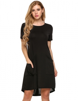 

Black Solid Front Pockets High Low Hem Loose Dress, Multicolor