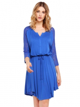 

Blue Solid Drawstring Waist Notch Neck Lace Patchwork Sleeve Dress, Multicolor