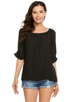 

Black Solid 3"4 Sleeve O Neck Pullover Chiffon Blouse, Multicolor