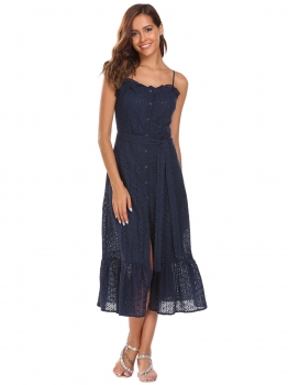 

Blue Spaghetti Strap Hollow Out Belted Ruffled Button Down Midi Dress, Multicolor