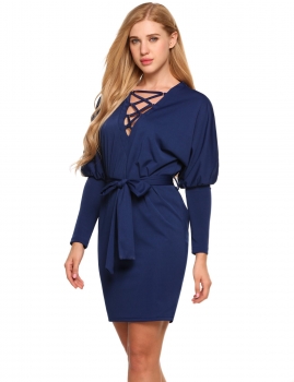 

Blue Criss Cross Deep V-Neck Batwing Long Sleeve Belted Bodycon Dress, Multicolor