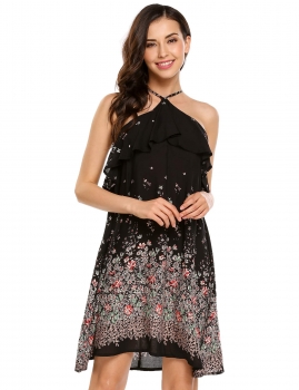 

Black Sexy Backless Halter Floral Print Ruffles Sleeveless Dress, Multicolor