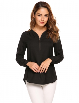 

Black Solid Front Zipper Long Sleeve V-Neck Loose Blouse, Multicolor