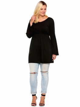 

Black Plus Size V-Neck Flare Sleeve Solid Tops, Multicolor