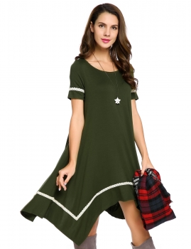 

Army green O-Neck Short Sleeve Asymmetrical Hem Dress, Multicolor