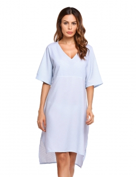 

Light blue V-Neck Short Sleeve Striped Loose Asymmetry Hem Dress, Multicolor
