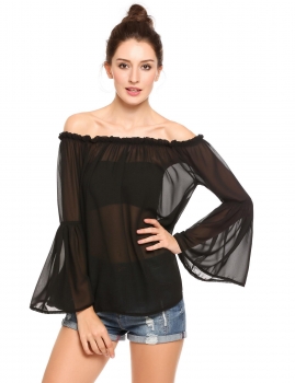 

Black Off the Shoulder Solid Flare Sleeve Loose Chiffon Blouse, Multicolor
