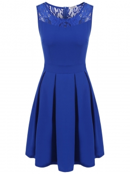 

Blue Sleeveless Lace Patchwork A-Line Mini Dress, Multicolor