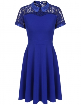

Blue Doll Collar A-Line Short Sleeve Lace Patchwork Dress, Multicolor