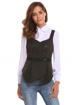 

Black Women Casual V-Neck Sleeveless Button A-Line and Asymmetrical Hem Jacket, Multicolor