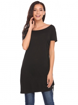 

Black Solid Drawstring O-Neck Short Sleeve Long Tops, Multicolor