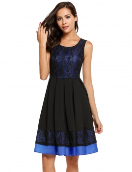 

Sleeveless Lace Patchwork Belted Pleated Dress, Multicolor