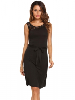 

Black Sleeveless Lace Patchwork Belted A-Line Dress, Multicolor