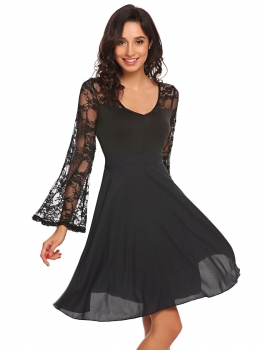 

Black Vintage Style V Neck Hollow Lace Flare Long Sleeve Swing Dress, Multicolor
