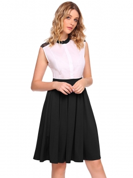 

Black Stand Collar Sleeveless Button Down Contrast Color Pleated Dress, Multicolor