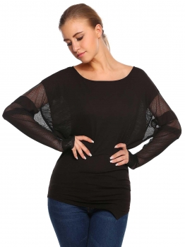 

Black Boat Neck Mesh Patchwork Long Bat Sleeve Tops, Multicolor