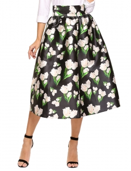 

Black Vintage Style High Waist Print Bubble Midi Skirt with Pocket, Multicolor