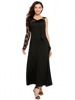 

Black One Sleeve Lace Patchwork Ruffles Slim Maxi Dress, Multicolor