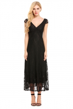 

Black Vintage Lace Plunge Neck Maxi Bridesmaid Dress, Multicolor