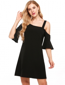 

Black Half Bell Sleeve Solid Oblique One Shoulder Shift Dress, Multicolor