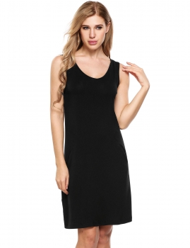 

Black Sleeveless Solid V Neck Casual Shift Dress with Pockets, Multicolor