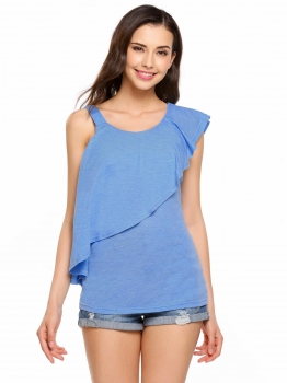 

Blue Solid Ruffles O-Neck Sleeveless Casual Tops, Multicolor