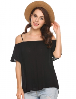 

Black Solid Slash Neck Short Sleeve Loose Tops, Multicolor