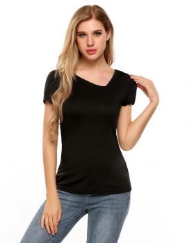

Black Asymmetry V-Neck Short Sleeve Basic Solid Tops, Multicolor
